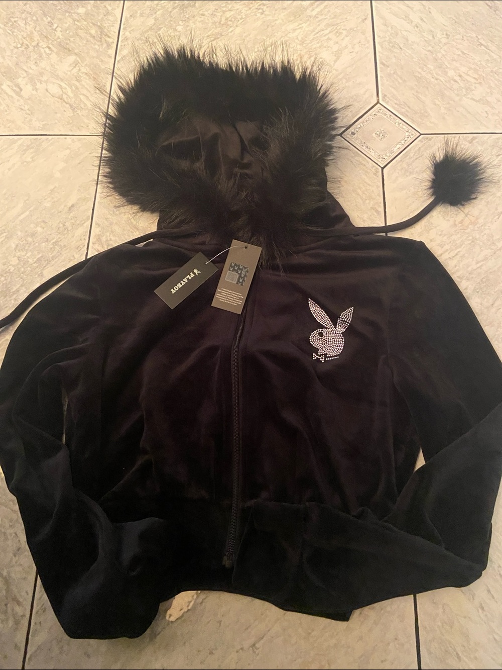 Playboy Black Velour Hooded Jacket with Fur Trim